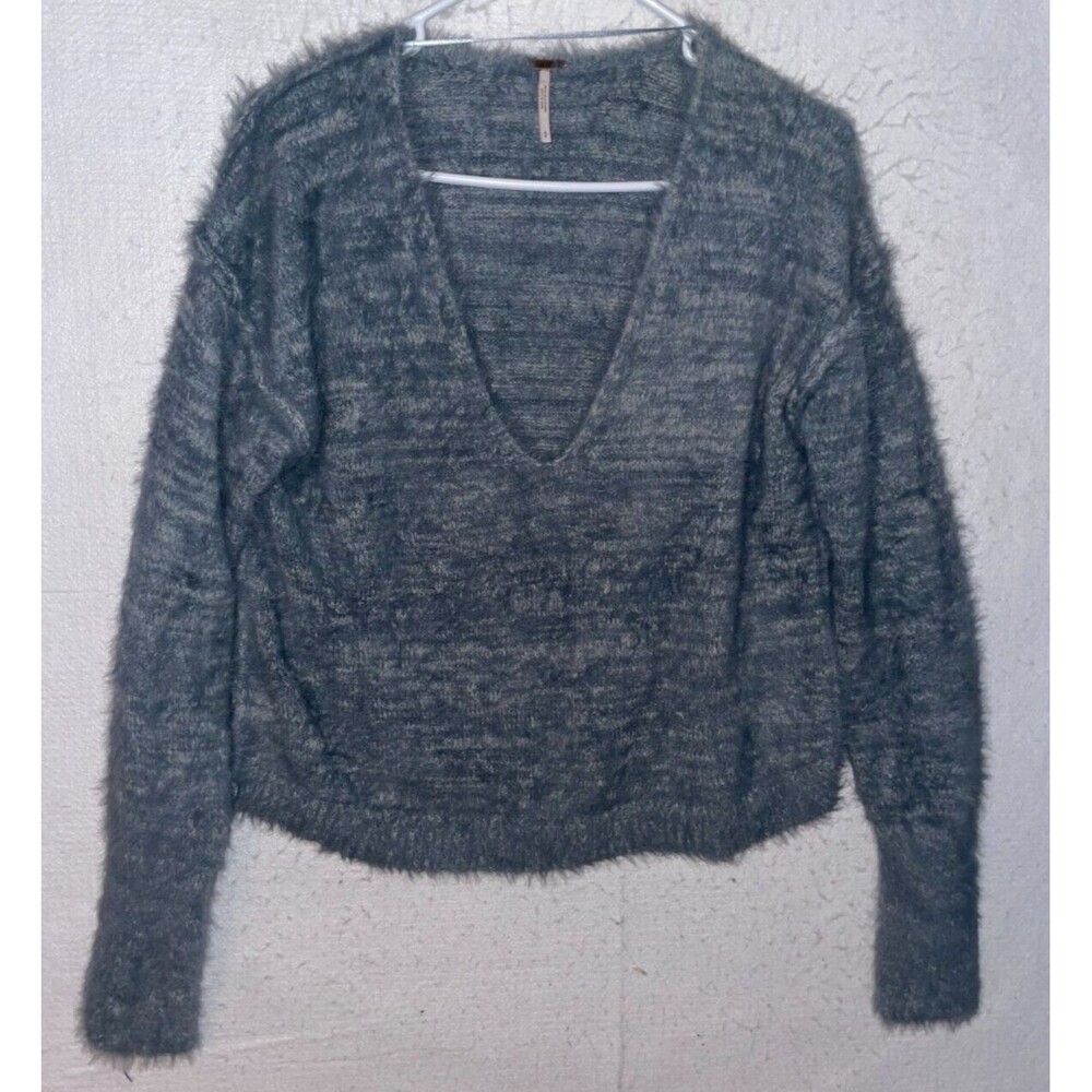 Free People Serendipity Sweater S Storm Gray Blue Oversized V-Neck Soft Furry